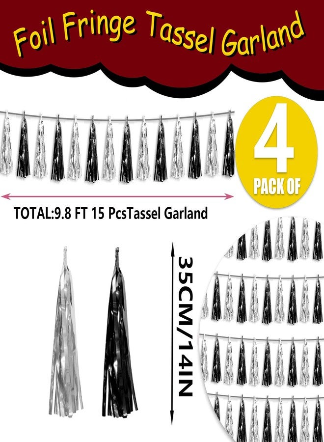 Hysilla 4P Black Silver Foil Fringe Metallic Tassel Streamers Banner Tassel Garland for Parade Floats, Graduation, Wedding, Birthday, Halloween, Christmas, Bridal/Baby Shower Party Decorations - Image 2