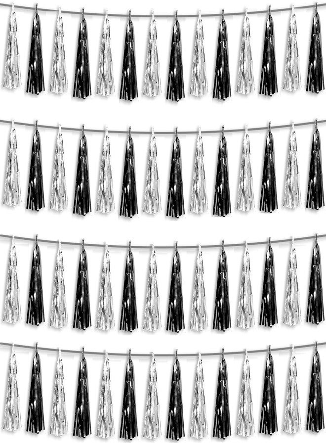 Hysilla 4P Black Silver Foil Fringe Metallic Tassel Streamers Banner Tassel Garland for Parade Floats, Graduation, Wedding, Birthday, Halloween, Christmas, Bridal/Baby Shower Party Decorations - Image 1