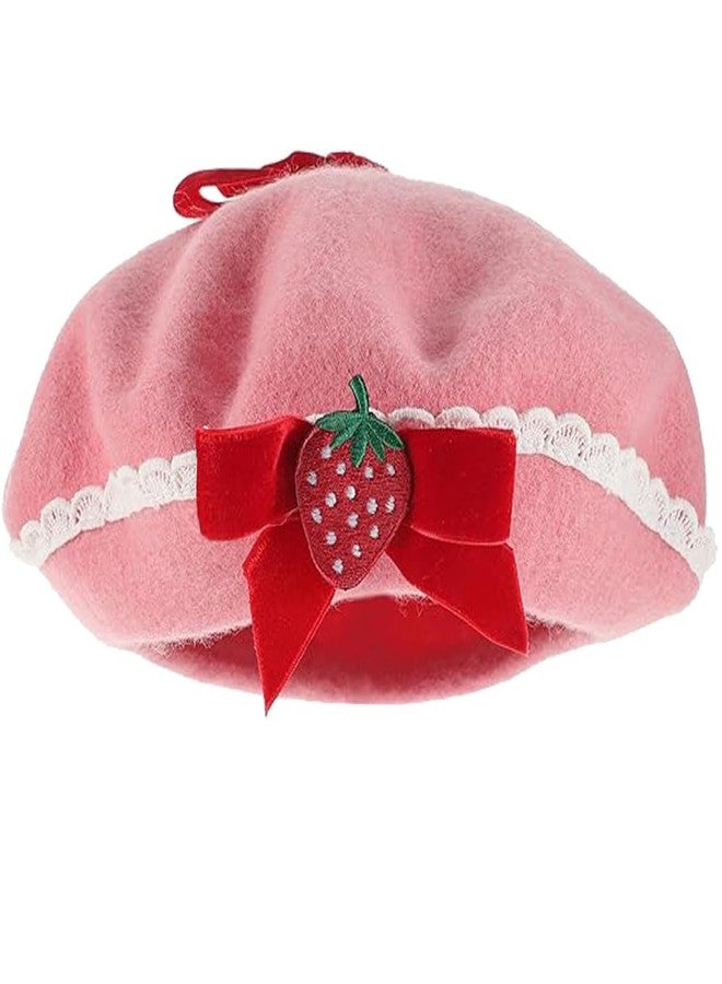 CARMELIT Women Strawberry Hat Strawberry Beret Hats with Bowknot French Artist Beanies Party Costume French Painter Hat Wool Cap - Image 1