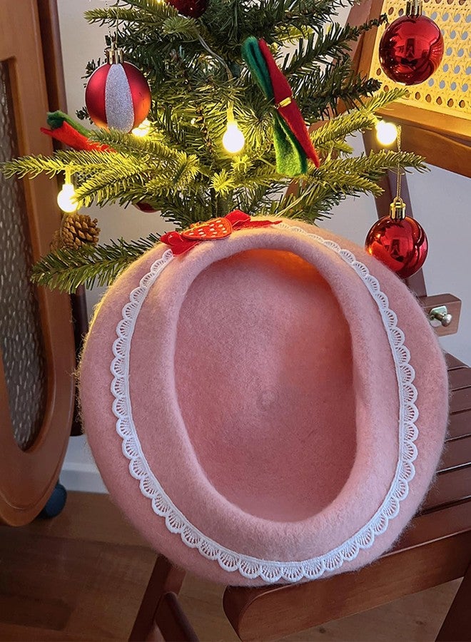 CARMELIT Women Strawberry Hat Strawberry Beret Hats with Bowknot French Artist Beanies Party Costume French Painter Hat Wool Cap - Image 5