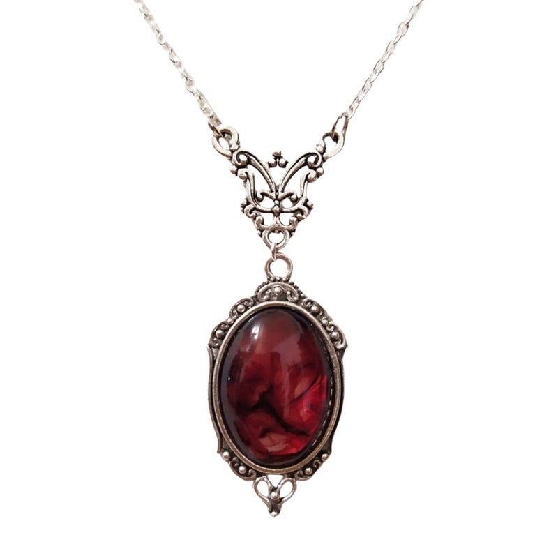 IS4U Gothic Vampire Necklace Vintage Stardust Crystal Cameo Pendant Necklace Punk Style Vampire Pendant Oval Necklace Satanic Demon Red Pendant Necklace Jewelry (B) - Image 1
