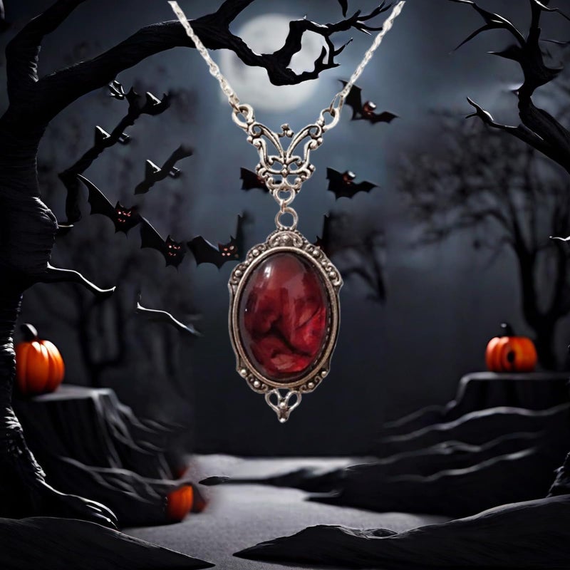IS4U Gothic Vampire Necklace Vintage Stardust Crystal Cameo Pendant Necklace Punk Style Vampire Pendant Oval Necklace Satanic Demon Red Pendant Necklace Jewelry (B) - Image 3