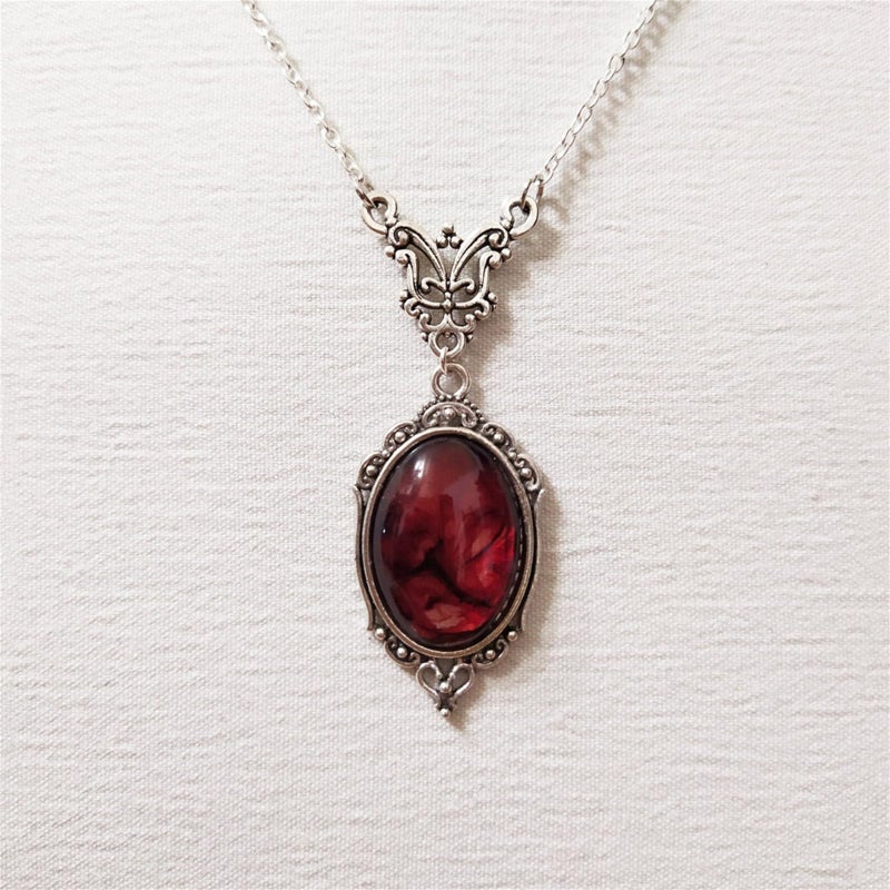 IS4U Gothic Vampire Necklace Vintage Stardust Crystal Cameo Pendant Necklace Punk Style Vampire Pendant Oval Necklace Satanic Demon Red Pendant Necklace Jewelry (B) - Image 5