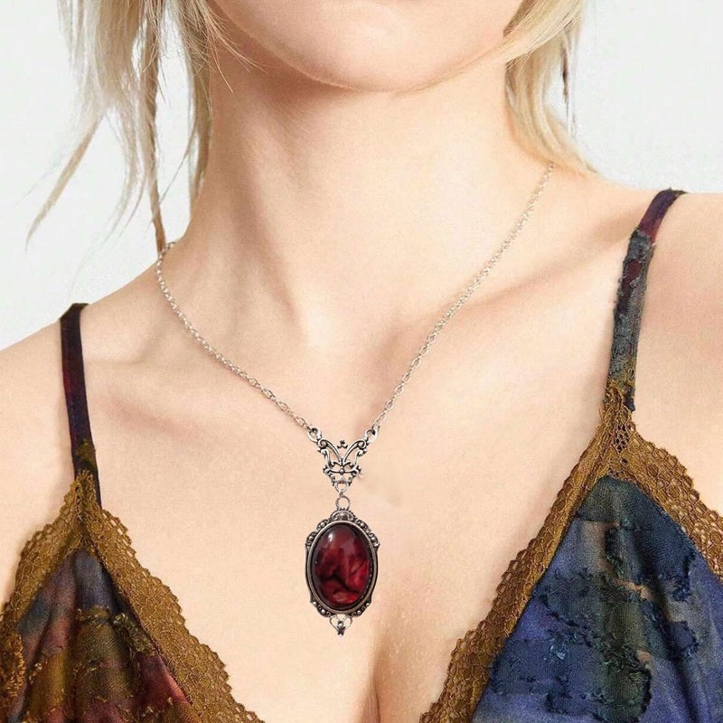 IS4U Gothic Vampire Necklace Vintage Stardust Crystal Cameo Pendant Necklace Punk Style Vampire Pendant Oval Necklace Satanic Demon Red Pendant Necklace Jewelry (B) - Image 4
