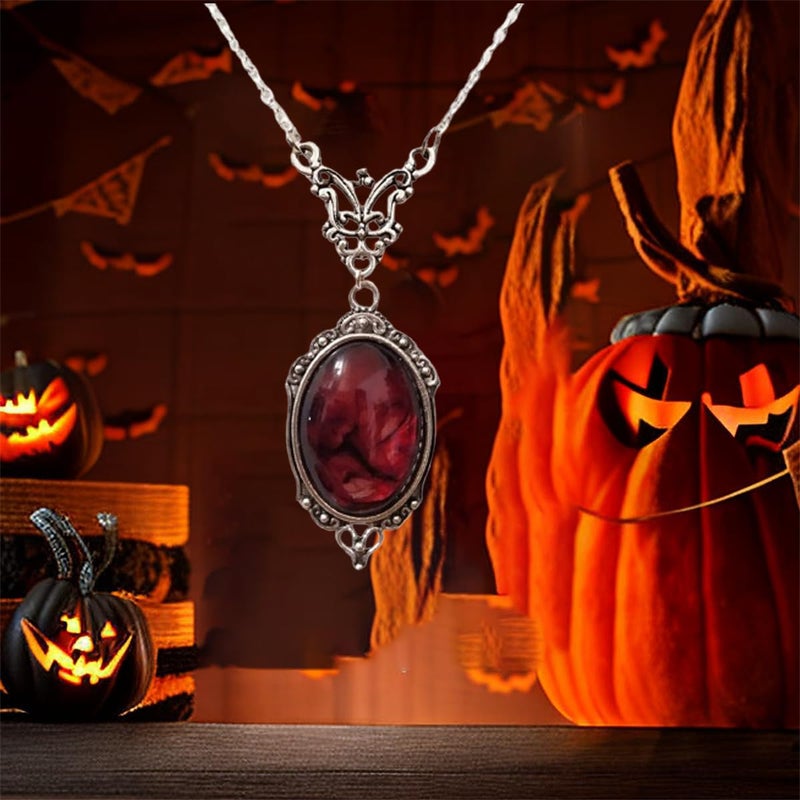 IS4U Gothic Vampire Necklace Vintage Stardust Crystal Cameo Pendant Necklace Punk Style Vampire Pendant Oval Necklace Satanic Demon Red Pendant Necklace Jewelry (B) - Image 2