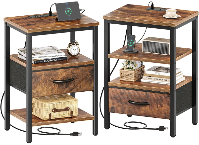SUPERJARE Nightstand Set of 2, Bed Side Tables with Charging Station, Adjustable Fabric Drawer, Night Stand for Bedroom, 3-Tier Storage End Tables, for Living Room, Rustic Brown - Image 1