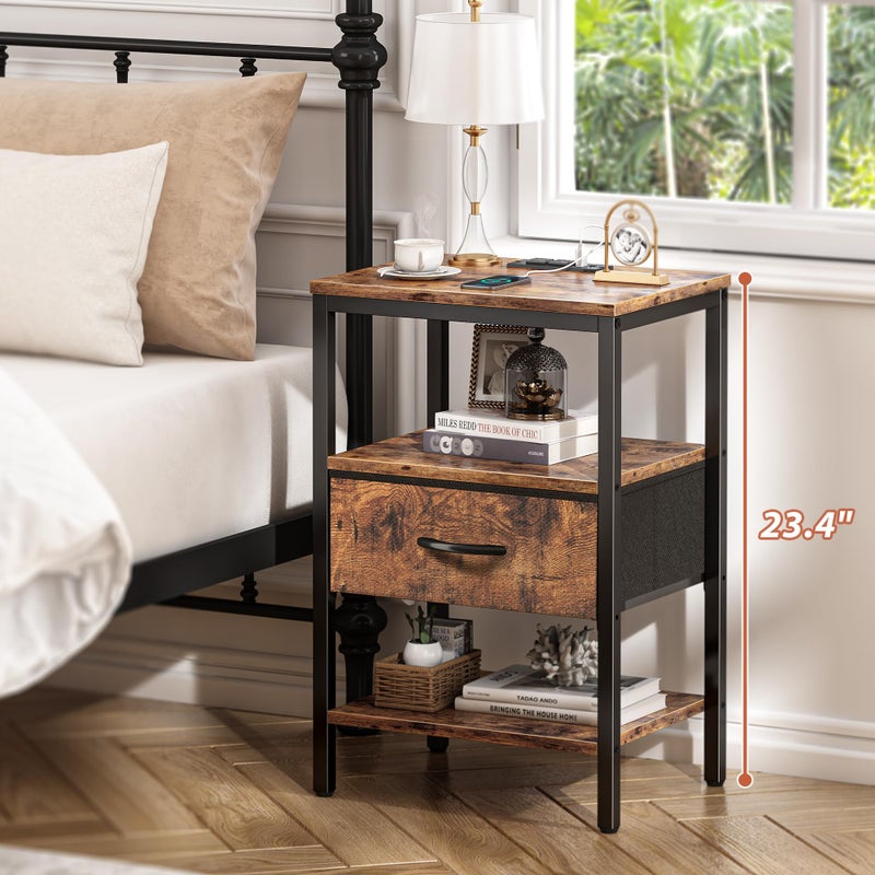 SUPERJARE Nightstand Set of 2, Bed Side Tables with Charging Station, Adjustable Fabric Drawer, Night Stand for Bedroom, 3-Tier Storage End Tables, for Living Room, Rustic Brown - Image 2