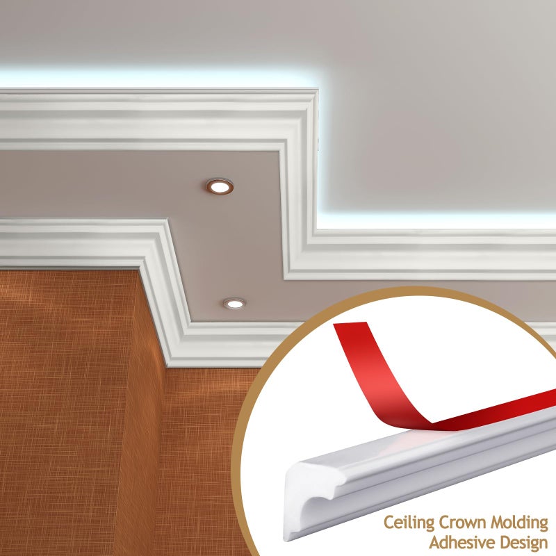 Pushglossy 5 Pcs Peel and Stick Ceiling Crown Molding Trim Total 16.4 ft Length 2" Wide Self-Adhesive Crown Molding Polystyrene Foam Ceiling Trim for DIY Wall Home Hotel Indoor Corner Craft Decor - Image 4