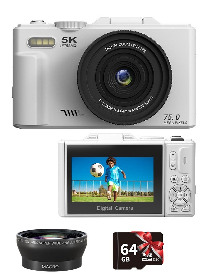 IqwiCam - 5K Digital Camera for Photography, 75MP Camera Digital for YouTube with 3" 180° Flip Screen, 18X Digital Zoom Point and Shoot Camara Vlogging Camera with 64GB Micro SD Card for Beginner Gift, Wide Angle and Macro Lens, Rechargeable Battery - Image 1