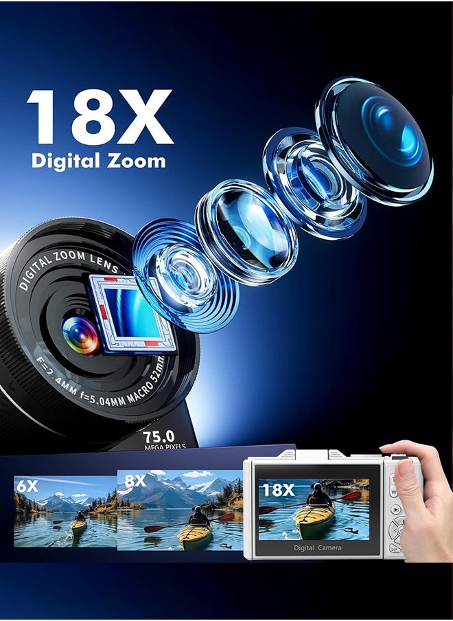 IqwiCam - 5K Digital Camera for Photography, 75MP Camera Digital for YouTube with 3" 180° Flip Screen, 18X Digital Zoom Point and Shoot Camara Vlogging Camera with 64GB Micro SD Card for Beginner Gift, Wide Angle and Macro Lens, Rechargeable Battery - Image 1