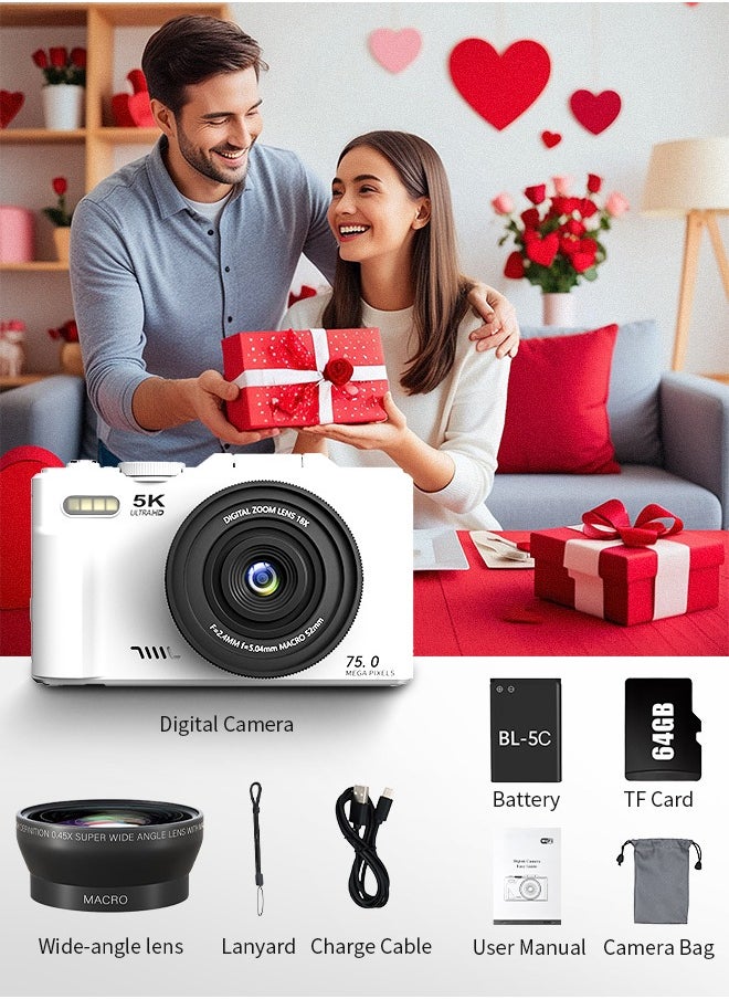 IqwiCam - 5K Digital Camera for Photography, 75MP Camera Digital for YouTube with 3" 180° Flip Screen, 18X Digital Zoom Point and Shoot Camara Vlogging Camera with 64GB Micro SD Card for Beginner Gift, Wide Angle and Macro Lens, Rechargeable Battery - Image 1