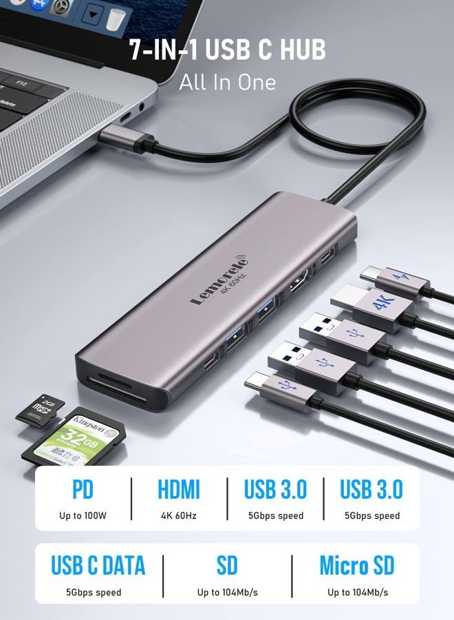 Lemorele USB C Hub Multiport Adapter - 7-in-1 Type-C 4K 60Hz HDMI Dongle Docking Station, 100W PD, SD/TF 3.0 Slots, 2 USB 3.0 & USB C 3.0 5Gbps Data Ports, for MacBook, iPad, Surface, XPS, ChromeBook - Image 2