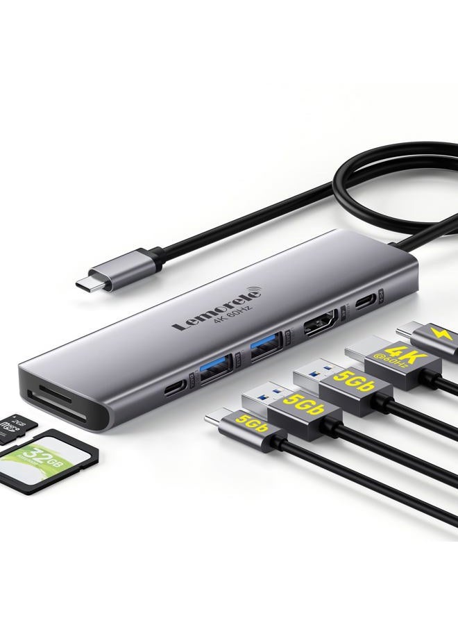 Lemorele USB C Hub Multiport Adapter - 7-in-1 Type-C 4K 60Hz HDMI Dongle Docking Station, 100W PD, SD/TF 3.0 Slots, 2 USB 3.0 & USB C 3.0 5Gbps Data Ports, for MacBook, iPad, Surface, XPS, ChromeBook - Image 1