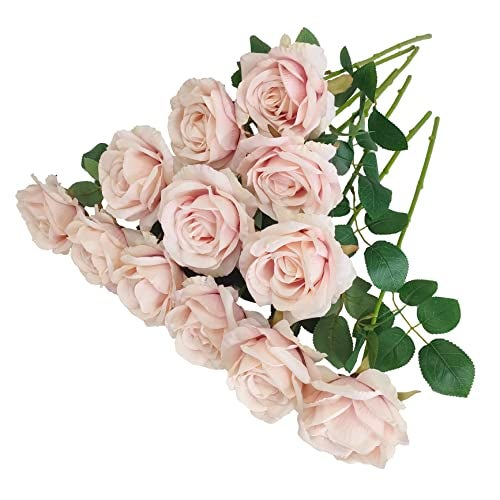 ATFL Silk Floral Pink Roses, 12 Pcs Fake Pink Flowers Fake Roses Artificial Flowers Bulk,Floral Diameter 4'', Artificial Fake Silk Rose with Stems for Wedding,Floral Diameter 4''(Fall Pink) - Image 1