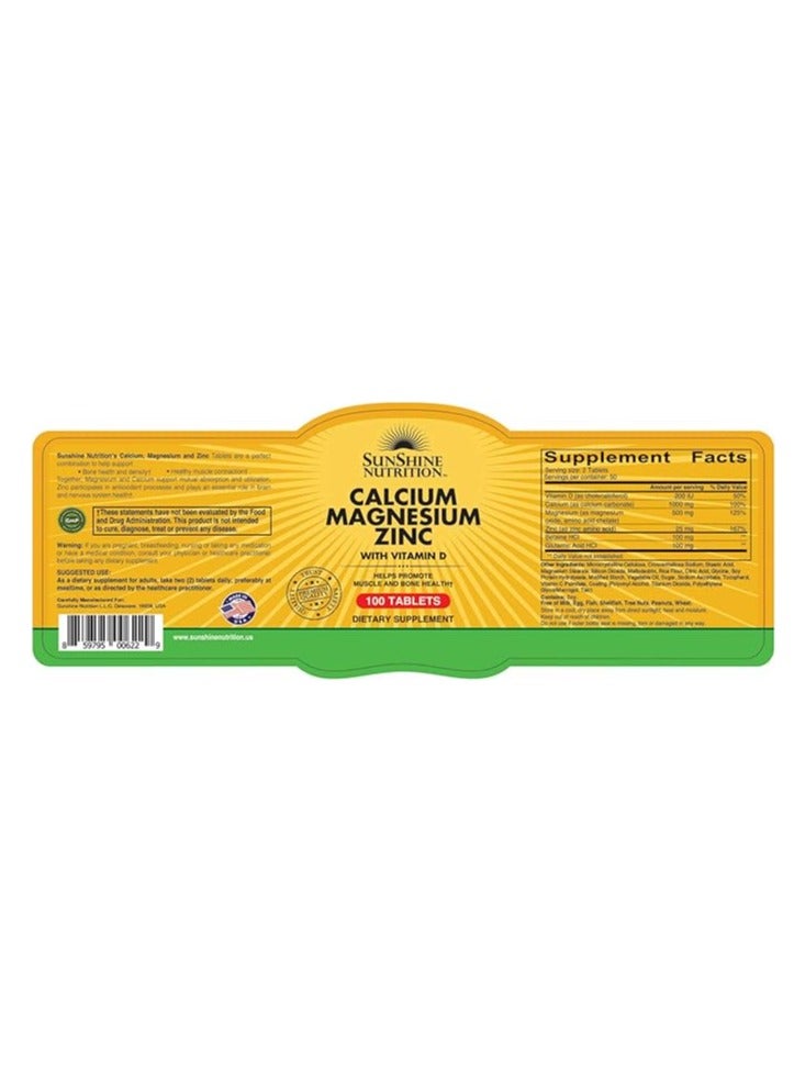 SUNSHINE NUTRITION Calcium Magnesium Zinc With Vitamin D, 100 Tablets  - Image 2
