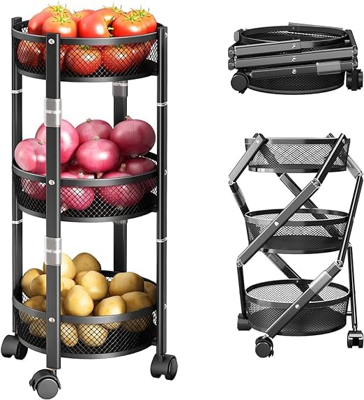 IMUU 3Tier Foldable Storage Cart No Assemble Easy Open Fold Metal Material Kitchen Rack Easy Assemble Mobile Storage Trolley On Lockable Wheels For Pantry Dining Room Living Room Black