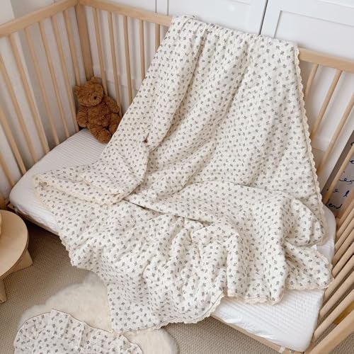 BuLuTu Pink Bellflower Print Muslin Cotton Quilted Blanket for Girls Boys Lightweight Soft Crib Blankets Toddler Comforter for Toddlers Kids Children All Seasons 47x59 Inches - Image 3