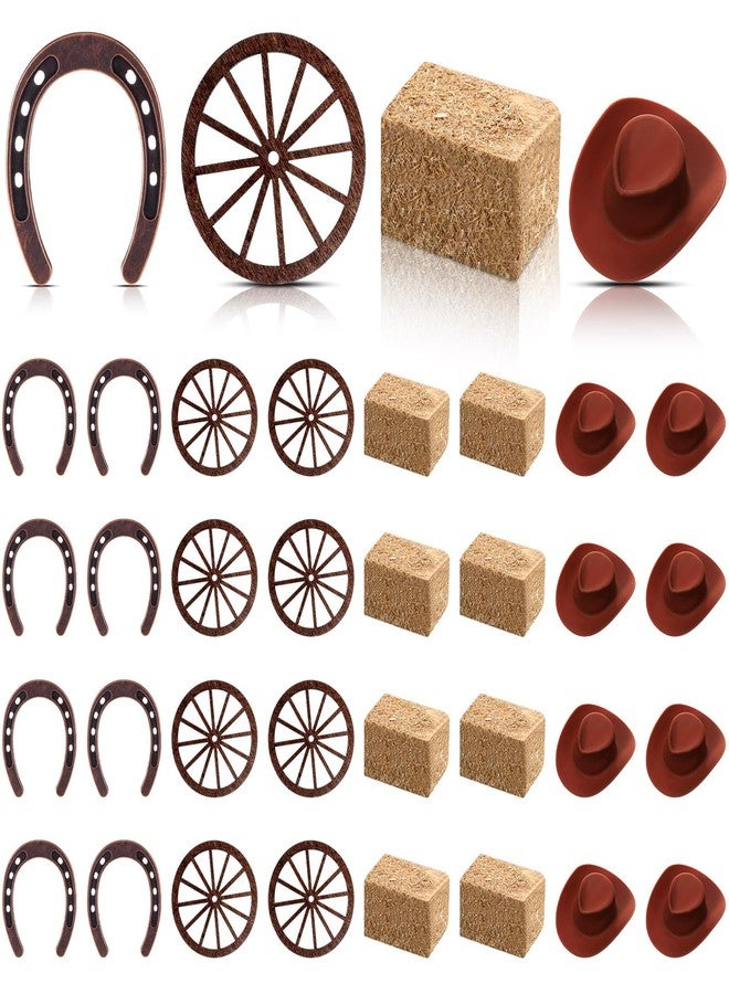 Junkin 32 Pieces Western Party Decorations 8 Mini Horseshoes 8 Simulated Haystack 8 Brown Miniature Cowboy Hats 8 Wooden Wheels for Cowboy Cowgirls Vintage Western Horseshoe Derby Party Supplies - Image 1