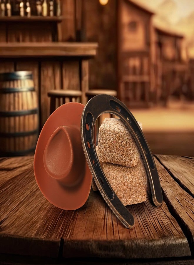 Junkin 32 Pieces Western Party Decorations 8 Mini Horseshoes 8 Simulated Haystack 8 Brown Miniature Cowboy Hats 8 Wooden Wheels for Cowboy Cowgirls Vintage Western Horseshoe Derby Party Supplies - Image 3