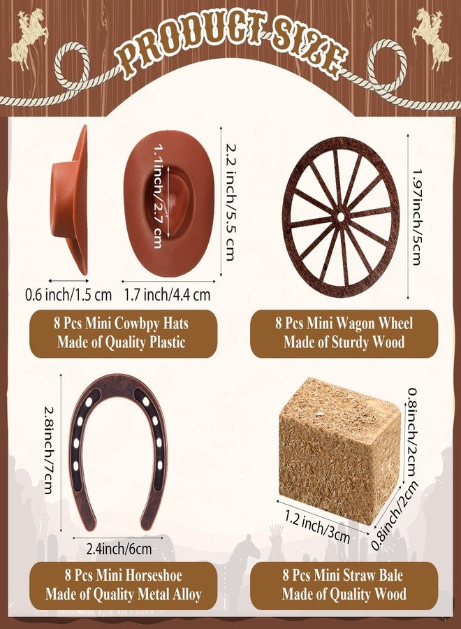 Junkin 32 Pieces Western Party Decorations 8 Mini Horseshoes 8 Simulated Haystack 8 Brown Miniature Cowboy Hats 8 Wooden Wheels for Cowboy Cowgirls Vintage Western Horseshoe Derby Party Supplies - Image 2