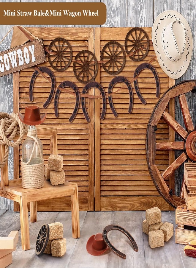 Junkin 32 Pieces Western Party Decorations 8 Mini Horseshoes 8 Simulated Haystack 8 Brown Miniature Cowboy Hats 8 Wooden Wheels for Cowboy Cowgirls Vintage Western Horseshoe Derby Party Supplies - Image 4