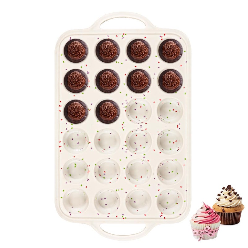 Fimary Silicone Mini Muffin Pan With Metal Reinforced Frame 24 Cups Durable Silicone Cupcake Pan for Muffin Cupcakes BPA Free and Dishwasher Safe 1 Piece Beige with Rainbow Spots