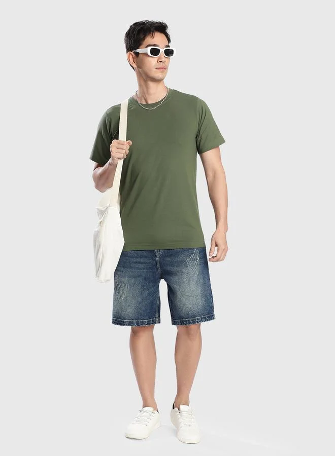 Styli Men Olive Cotton Lycra Slim Fit T-Shirt By Bene Kleed