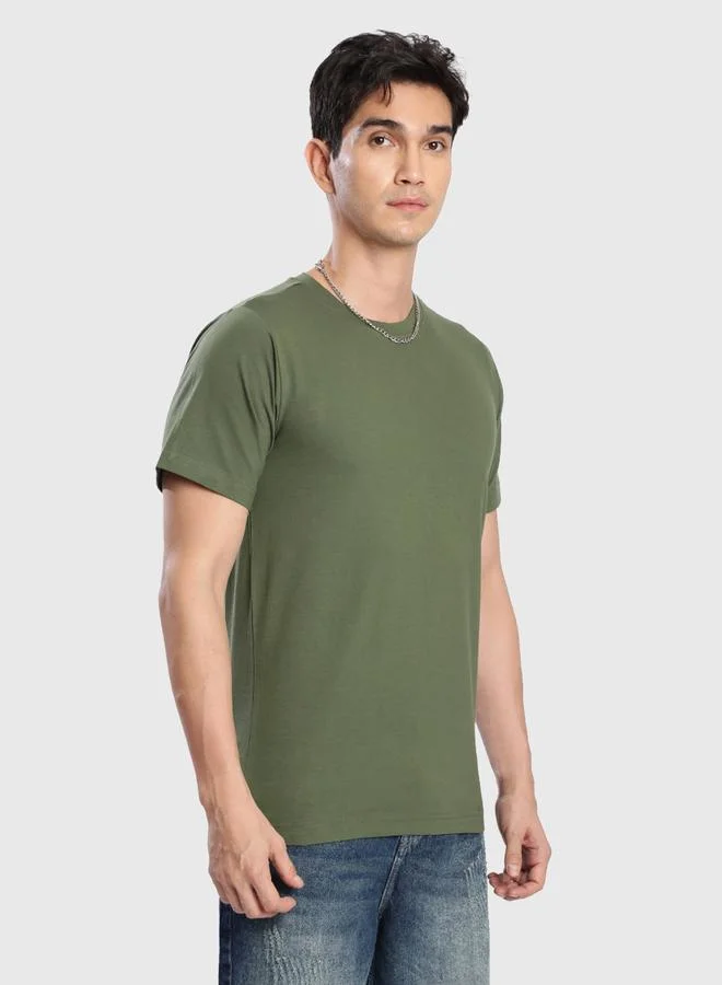 Styli Men Olive Cotton Lycra Slim Fit T-Shirt By Bene Kleed