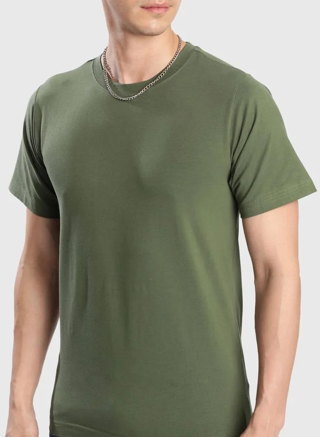 Styli Men Olive Cotton Lycra Slim Fit T-Shirt By Bene Kleed