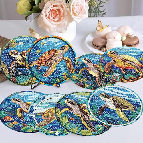 mrpwnle 8 Pack Turtle Diamond Art Coasters Kits, Sea Turtle Diamond Painting Coasters Kits Set with Holder Cork Pads, DIY Diamonds Art Non Slip Coaster Crafts Supplies Kit - Image 3