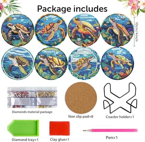 mrpwnle 8 Pack Turtle Diamond Art Coasters Kits, Sea Turtle Diamond Painting Coasters Kits Set with Holder Cork Pads, DIY Diamonds Art Non Slip Coaster Crafts Supplies Kit - Image 2