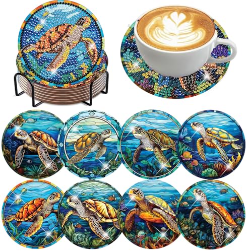 mrpwnle 8 Pack Turtle Diamond Art Coasters Kits, Sea Turtle Diamond Painting Coasters Kits Set with Holder Cork Pads, DIY Diamonds Art Non Slip Coaster Crafts Supplies Kit - Image 1