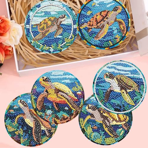 mrpwnle 8 Pack Turtle Diamond Art Coasters Kits, Sea Turtle Diamond Painting Coasters Kits Set with Holder Cork Pads, DIY Diamonds Art Non Slip Coaster Crafts Supplies Kit - Image 4