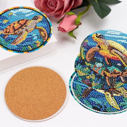 mrpwnle 8 Pack Turtle Diamond Art Coasters Kits, Sea Turtle Diamond Painting Coasters Kits Set with Holder Cork Pads, DIY Diamonds Art Non Slip Coaster Crafts Supplies Kit - Image 5