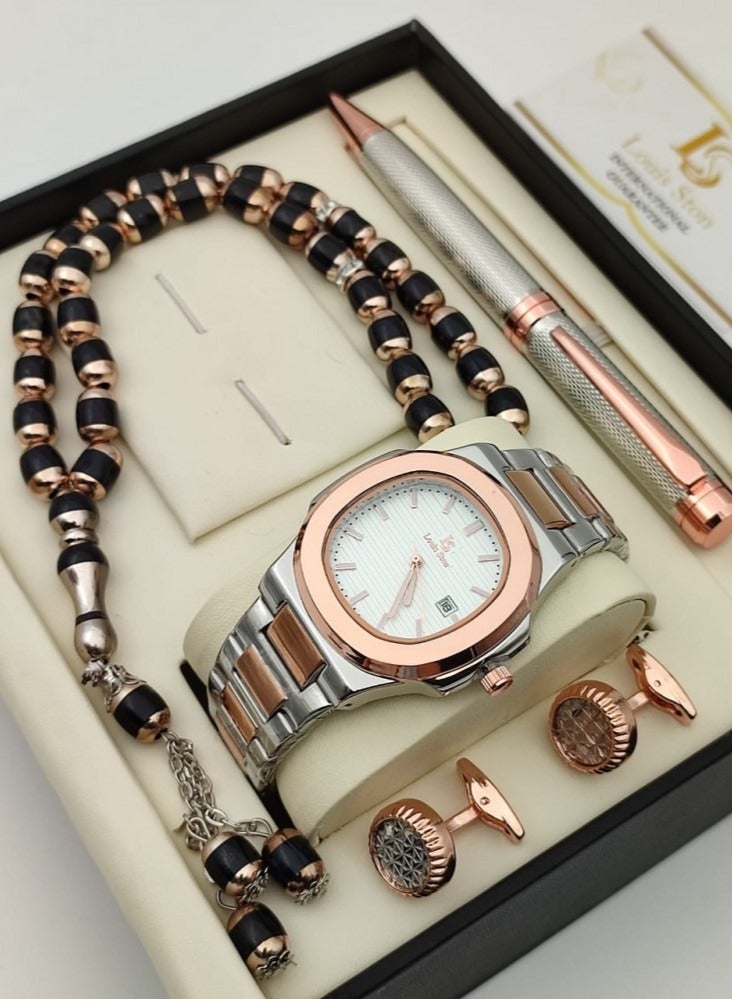 Louis Ston A high-quality, elegant men's watch gift set from Louis Ston, a silver bracelet with a bronze bracelet and a white dial with the date display 