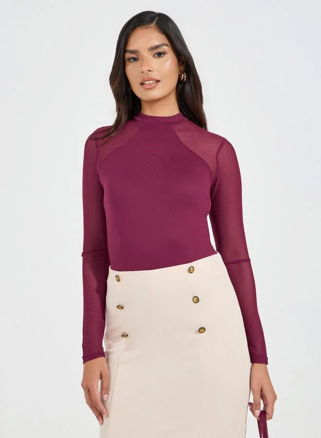 Styli High Neck Knit Bodysuit with Mesh Sleeves