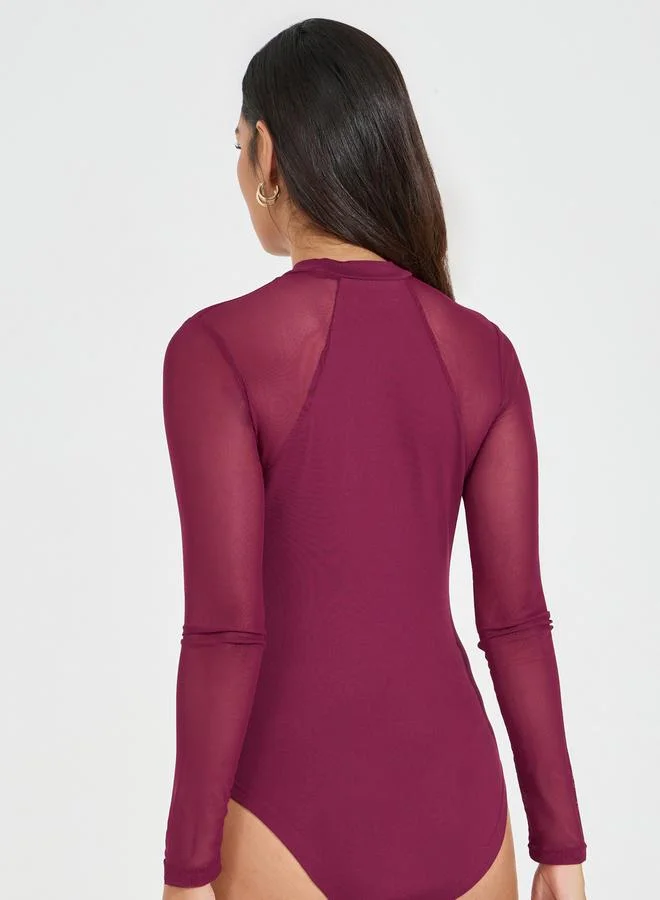 Styli High Neck Knit Bodysuit with Mesh Sleeves