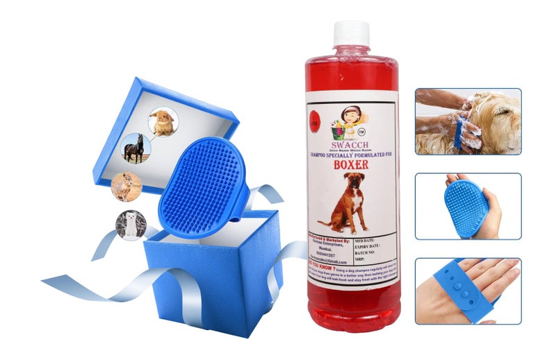 swacch Shampoo | Puppy Safe Shampoo | PH Balanced | Boxer Dog Shampoo 1 Litre Strawberry + | Rubber Bath Brush with Adjustable Straps | Pet Massage | Soothing Bristles Hand Brush I Combo Pack - Image 2