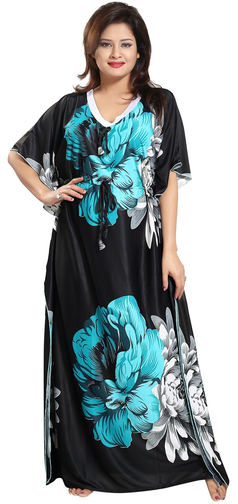 Noty Store Noty Women's Kaftan Nighty | Serena Fabric | Floral Print Maxi | Short Sleeves | V Shaped Neck (XXX-Large, Green & Black) - Image 1
