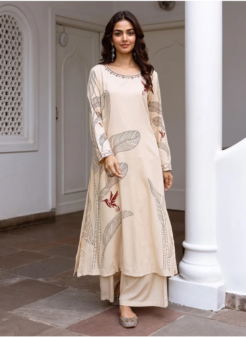 آي شين Women's Cream Rayon Printed Tunic Full Length Palazzo Straight Fit Kurta Set
