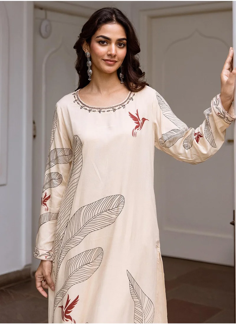 آي شين Women's Cream Rayon Printed Tunic Full Length Palazzo Straight Fit Kurta Set