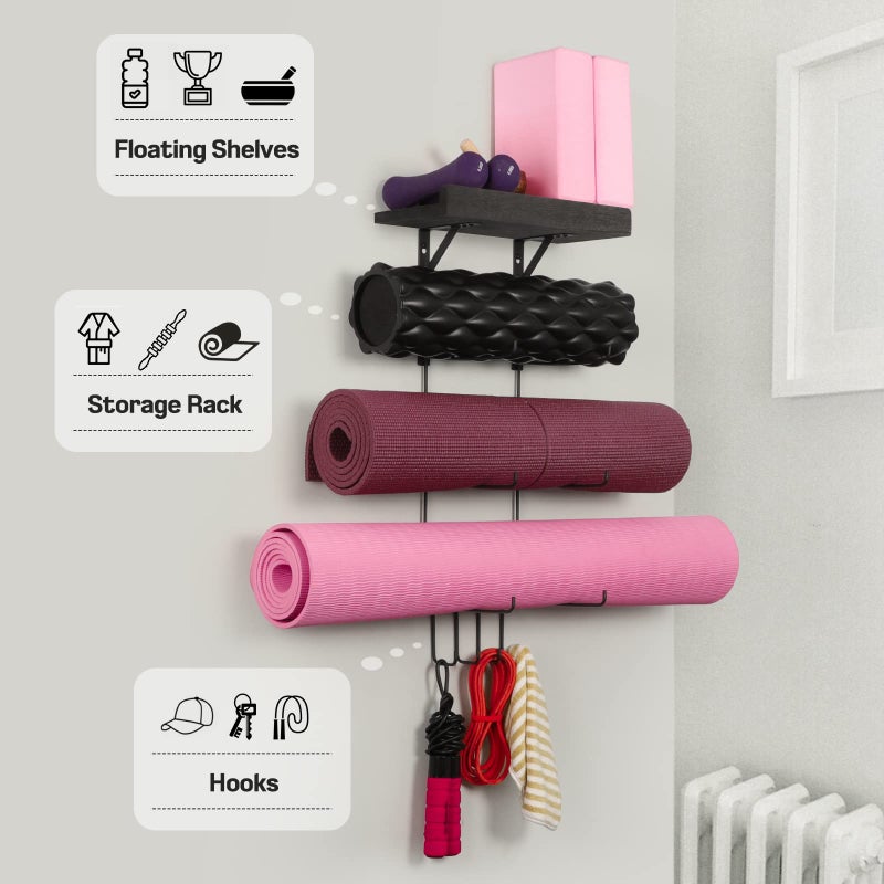 Bikoney Yoga Mat Holder Wall Mount Yoga Mat Storage Home Gym Accessories with Wood Floating Shelves and 4 Hooks for Hanging Foam Roller and Resistance Bands at Fitness Class or Home Gym Vintage Black - Image 2