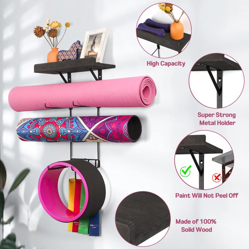 Bikoney Yoga Mat Holder Wall Mount Yoga Mat Storage Home Gym Accessories with Wood Floating Shelves and 4 Hooks for Hanging Foam Roller and Resistance Bands at Fitness Class or Home Gym Vintage Black - Image 4