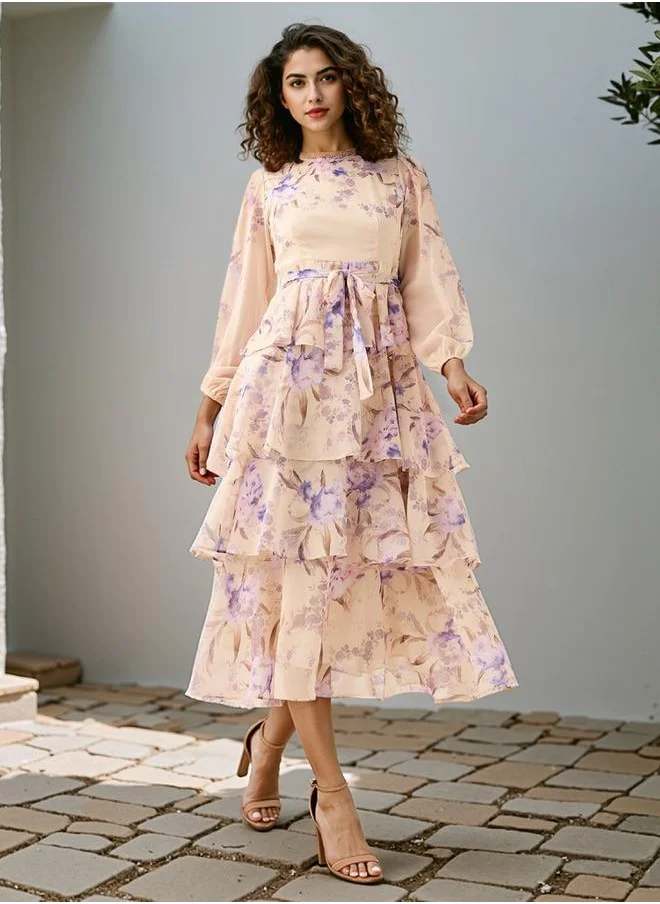 تواكستريمز 2Xtremz Floral Print Tiered Dress with Lace and Bow Detail