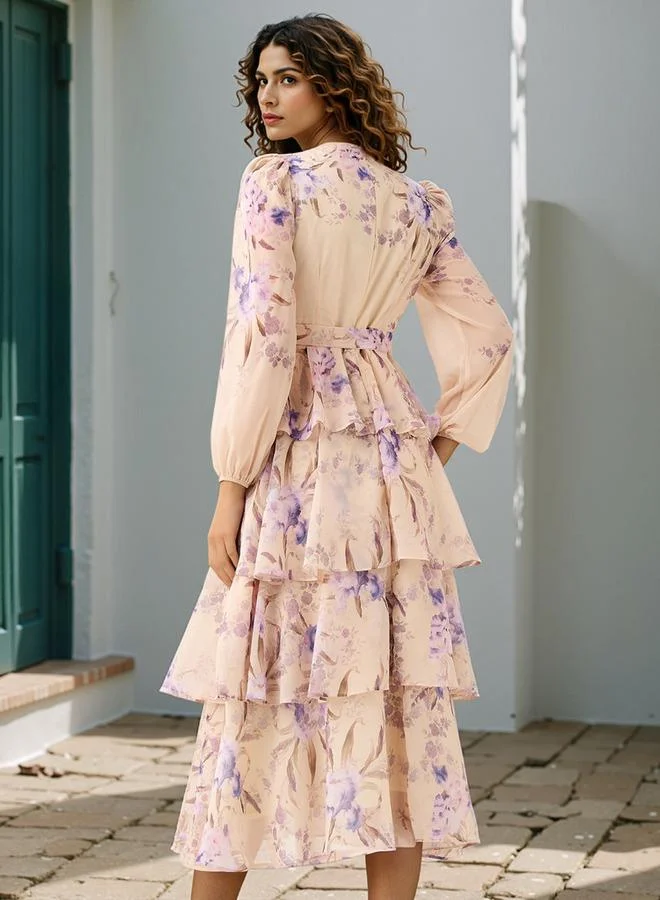 2Xtremz 2Xtremz Floral Print Tiered Dress with Lace and Bow Detail