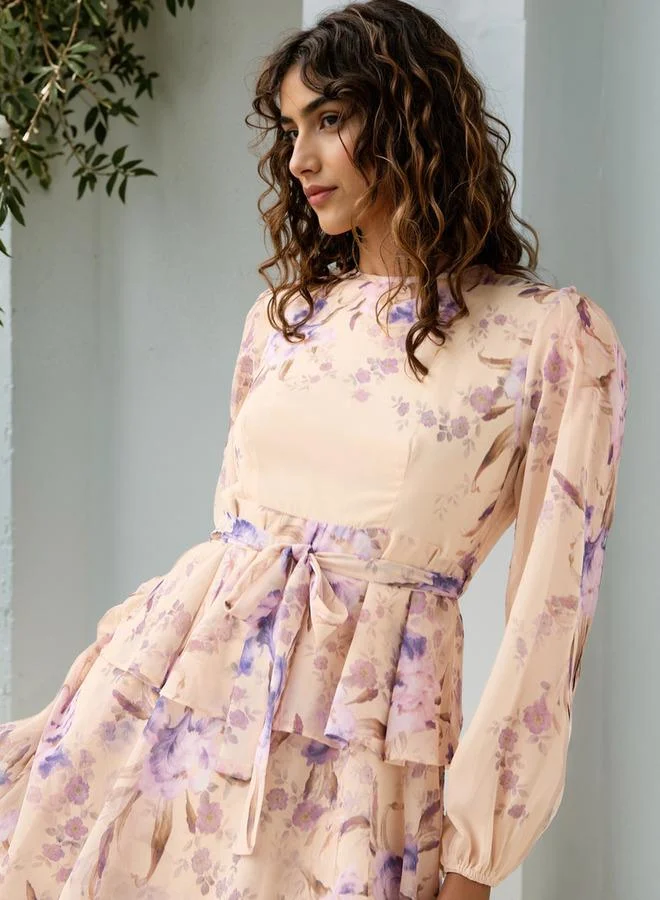 2Xtremz 2Xtremz Floral Print Tiered Dress with Lace and Bow Detail