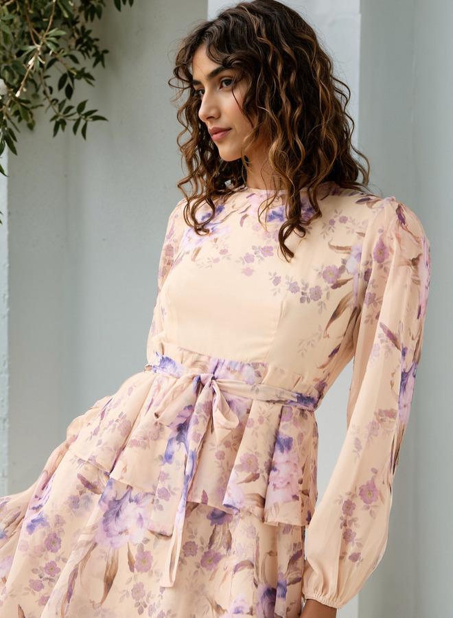 2Xtremz Floral Print Tiered Dress with Lace and Bow Detail - Image 4