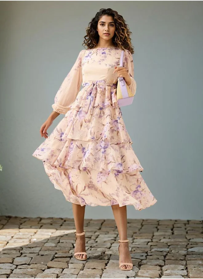 تواكستريمز 2Xtremz Floral Print Tiered Dress with Lace and Bow Detail