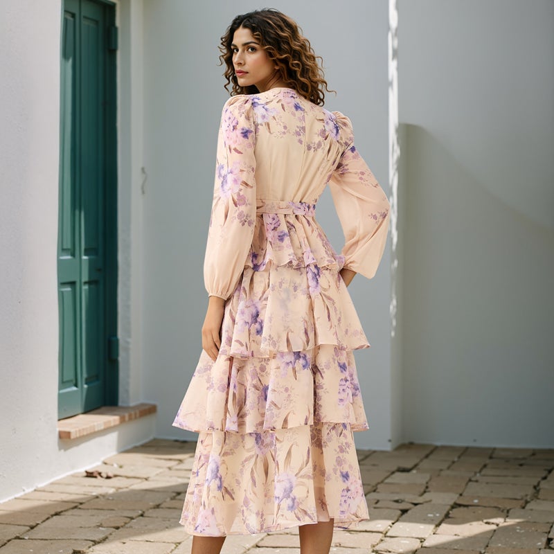 2Xtremz Floral Print Tiered Dress with Lace and Bow Detail - Image 3