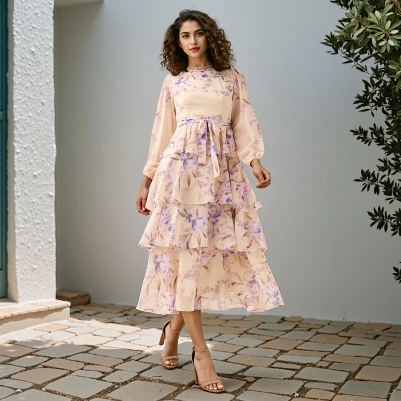 2Xtremz 2Xtremz Floral Print Tiered Dress with Lace and Bow Detail